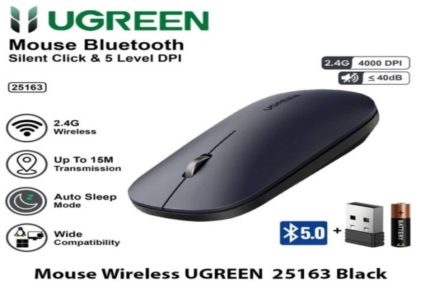 UGREEN MU001 Dual Mode 4000 DPI Ultra-Slim Portable Wireless Silent Mouse - Black| 25163