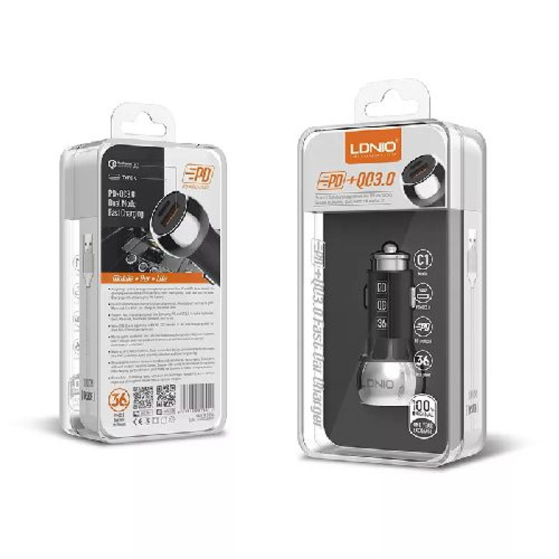 LDNIO C1 PD QC3.0 CAR CHARGER DUAL USB 36W W TYPE-C USB CABLE