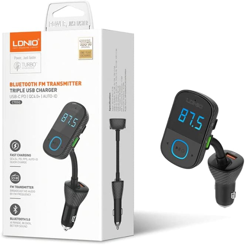 Ldnio C705Q Bluetooth FM Transmitter With (3 USB Charger, Audio) + Type C Cable 6933138691083