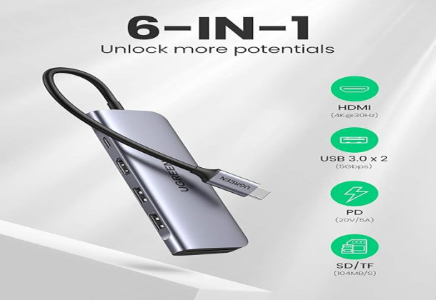 UGREEN USB  70411 C Hub 6 in 1 Dongle to HDMI 4K 2 USB 3.0 Ports SD TF Card Reader 100W PD Charging Adapter Dock Station for Ma