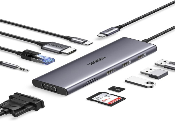 UGREEN 15601 USB C Hub, USB-C 10-in-1 Dongle with Dual Monitor 4K HDMI and VGA, 1Gbps Ethernet, 100W PD, 3 USB 3.0 Ports, 3.5mm Audio Jack, SD/TF Card Slots, Multi Adapter