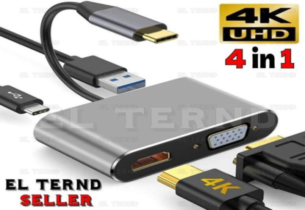 4 in 1 (Type-C) to (HDTV, VGA, USB 3.0, Type-C PD) Adapter Multiport Digital AV Adapter with USB-C PD Charging Port Compatible with Nintendo Switch, Samsung, MacBook - Grey