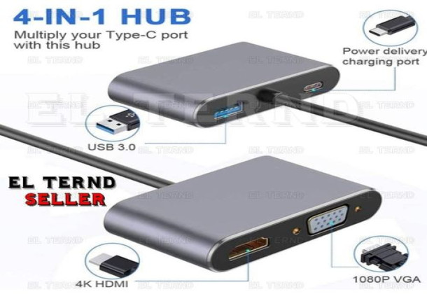 4 in 1 (Type-C) to (HDTV, VGA, USB 3.0, Type-C PD) Adapter Multiport Digital AV Adapter with USB-C PD Charging Port Compatible with Nintendo Switch, Samsung, MacBook - Grey