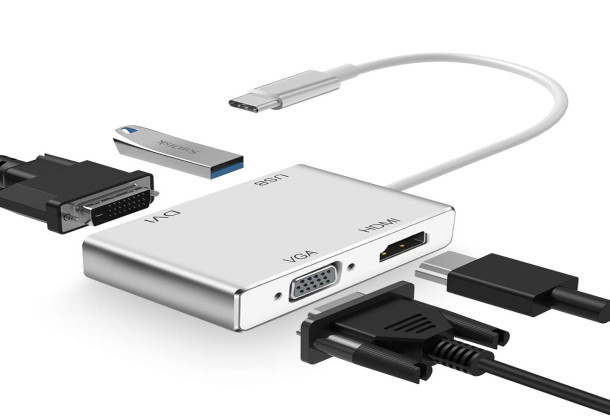 USB C to HDMI DVI VGA Adapter, 4 in 1 USB-C hub to 4K HDMI, VGA, DVI Video Adapter, Male to Female Multi-Display Video Converter Monitors Connector for Mac Pro, MacBook Air, iPad Pro, XPS, etc